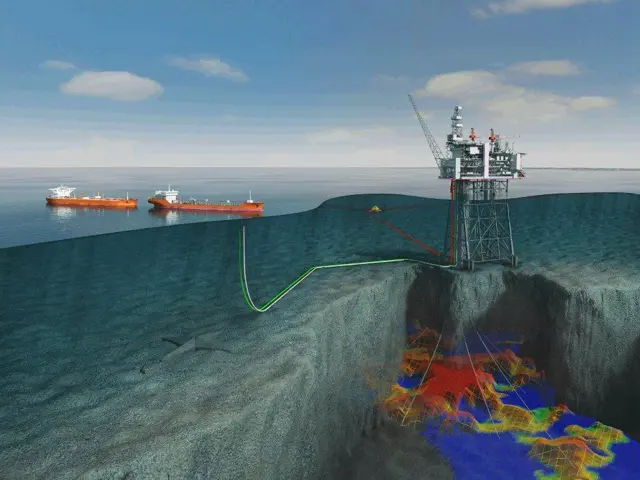 Illustrasjon av oljeplattform og hvordan tankbåtene henter oljen