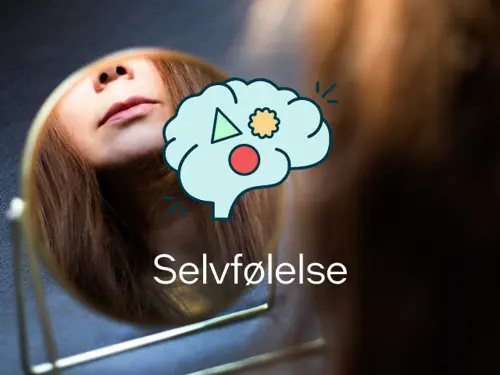 Ung kvinne ser seg selv i speilet. Med mestringspodden-logo og tittel selvfølelse