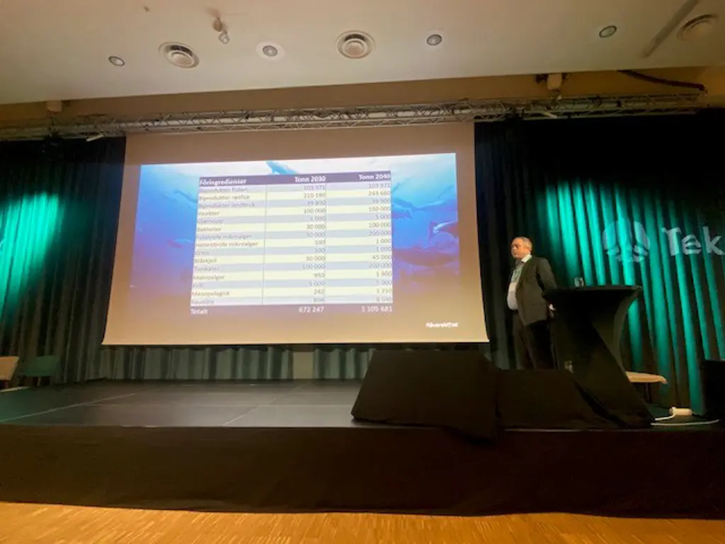bilde fra havbrukskonferansen, person på scenen med presentasjon i bakgrunnen