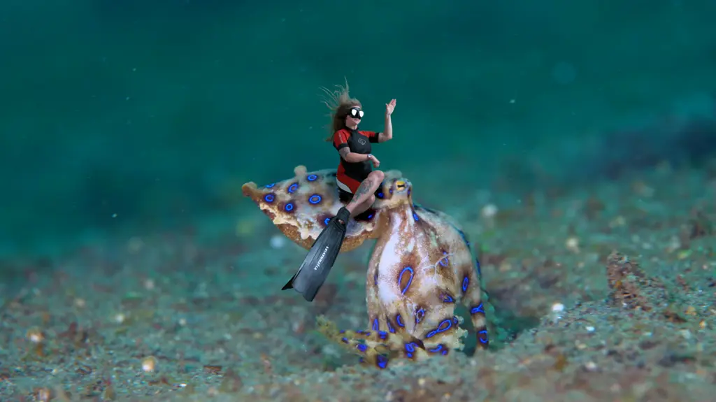 Manipulert bilde av Pia Ve Dahlen som rir på en blekksprut under vann