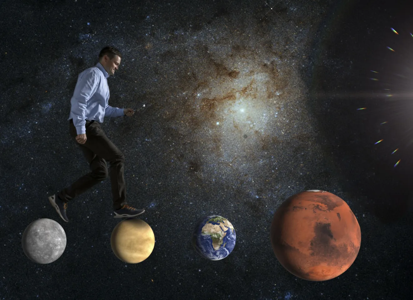 Manipulert bilde av Espen Flo Eriksen som hopper fra planet til planet i verdensrommet