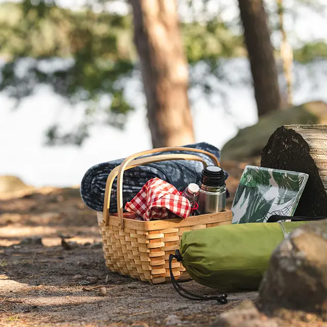 Bilde av piknikkurv i skoglandskap