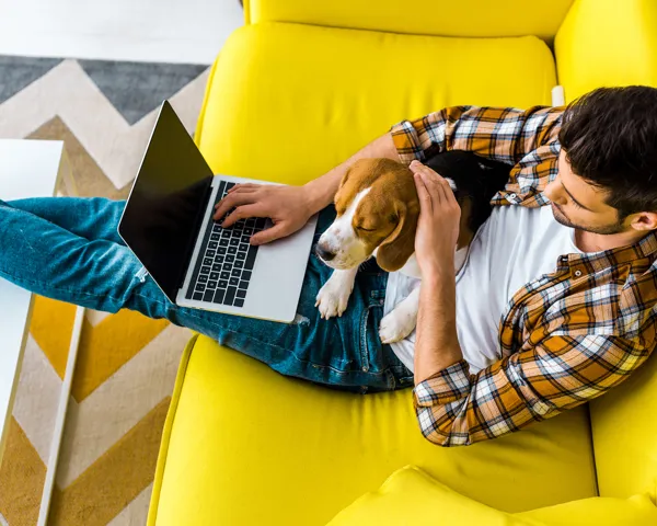 En mann på sofa med laptop og en hund på fanget