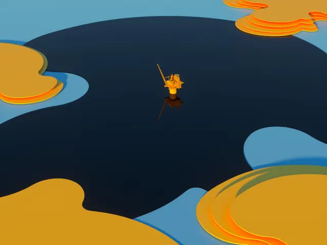 Tegning av en oljeplattform i et hav med bølger i forskjellige farger