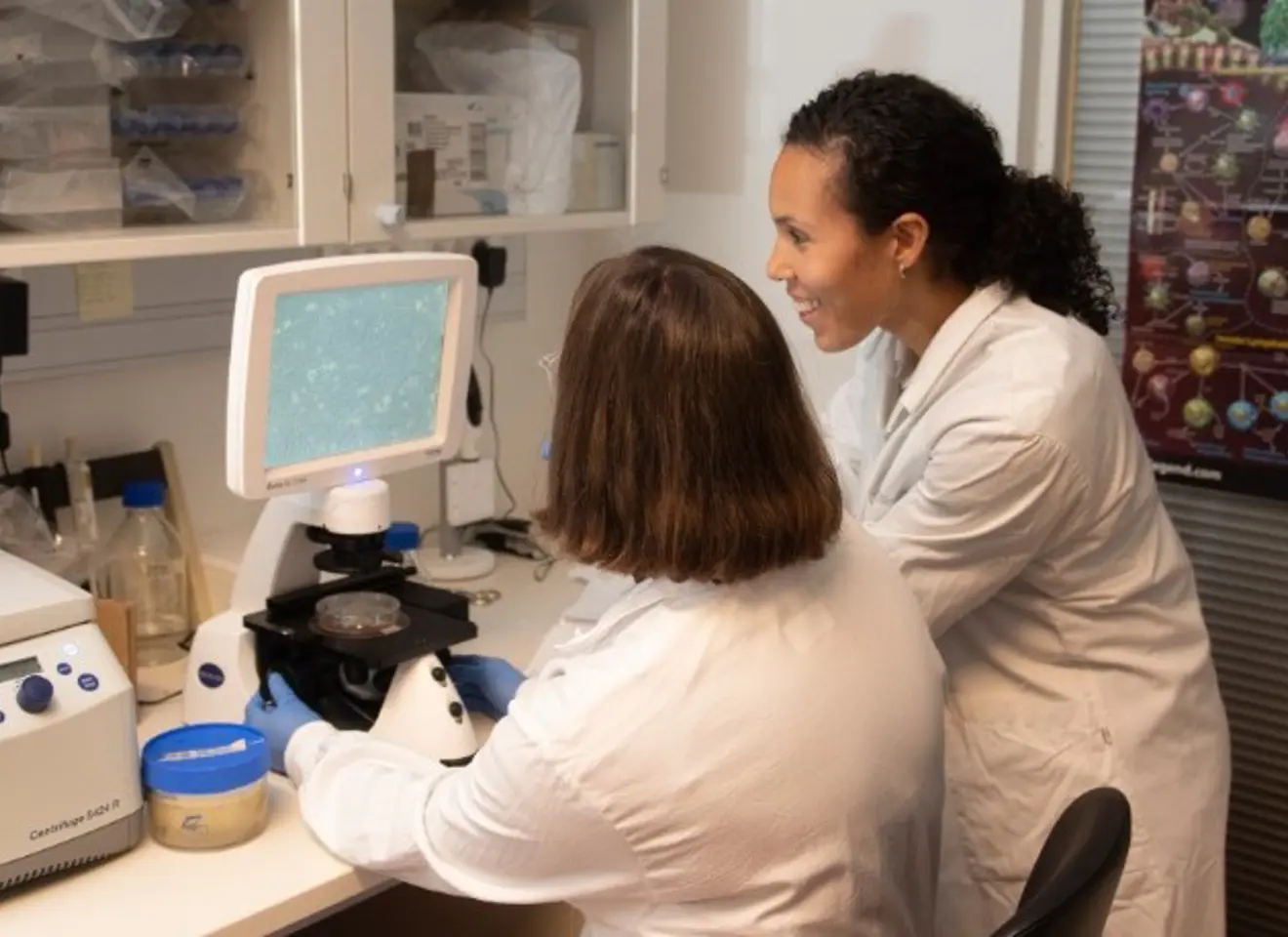 To kvinner i en lab sitter og ser på en skjerm