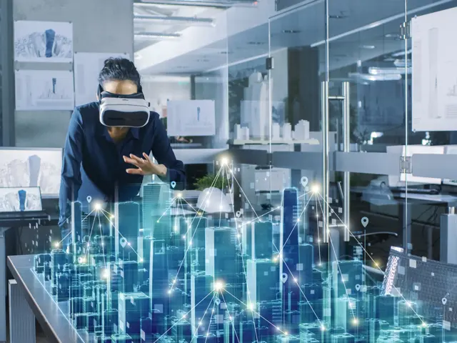 Illustrasjonsbilde av en kvinne på et møterom med VR-briller som gjør at hele møtebordet er fyllt med virtuelle grafer og tegninger 