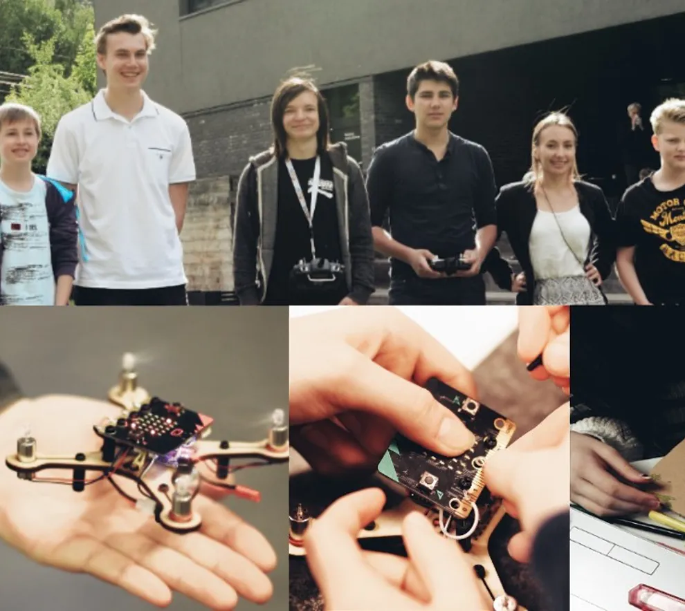 Collage med bilder fra dronekurs, barn som  jobber med teknikk
