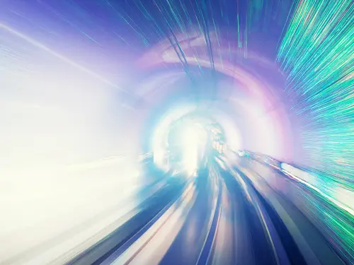Illustrasjon av energi, en tunnel hvor energi beveger seg i sterke farger