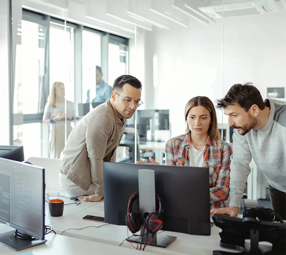 Kollegaer som ser på PC-skjerm sammen