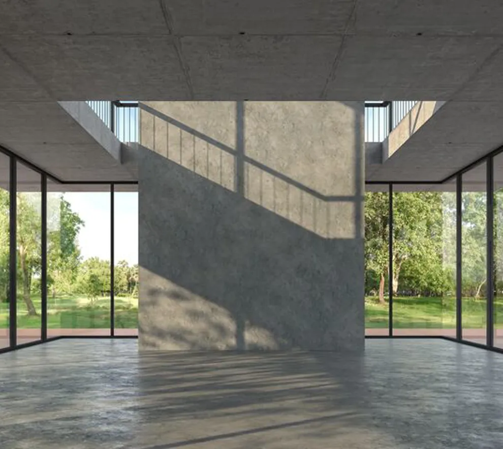 Betongbygning med store vinduer