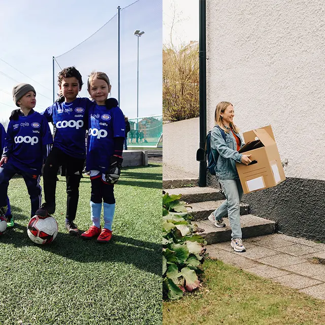 Barn som spiller fotball og smilende ung jente med flytteeske