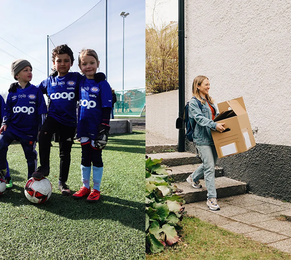Barn som spiller fotball og smilende ung jente med flytteeske