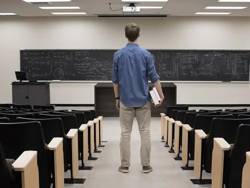 Illustrasjonsbilde av en student, en ung mann, med bøker under armen, står i et tomt klasserom og ser på tavlen