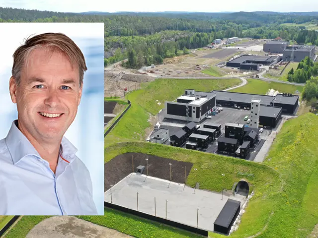 Bildemontasj Paul Torgersen og luftbilde av Politiets Nasjonale Beredskapssenter