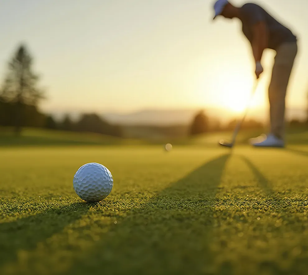 Mann som spiller golf i solnedgang