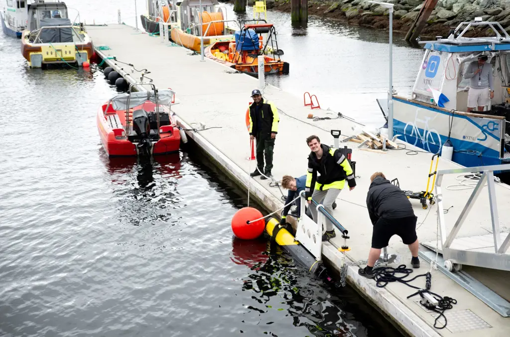 Menn setter ut bøye fra brygge