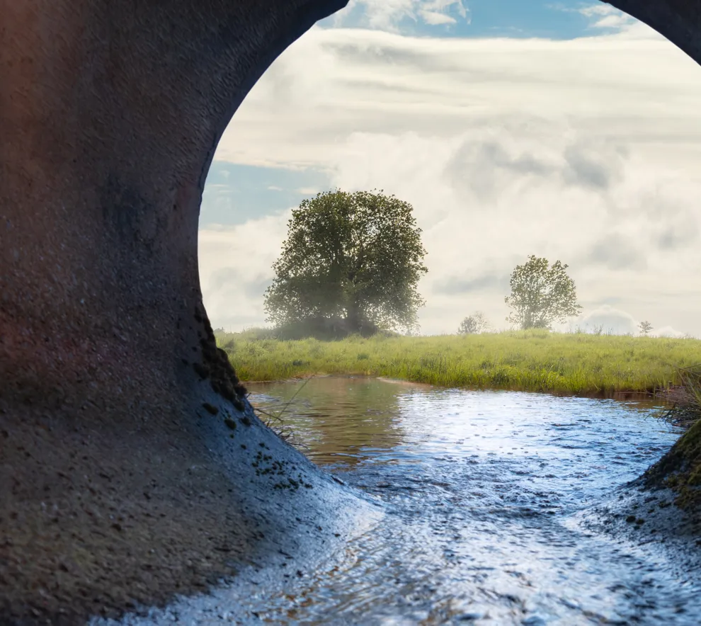 Utsikten ut av et stort rør over en grønn åker med et tre