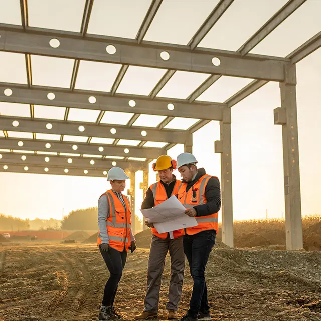 Tre personer på byggeplass