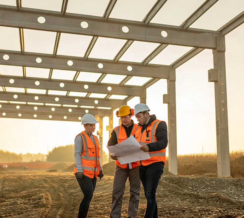Tre personer på byggeplass