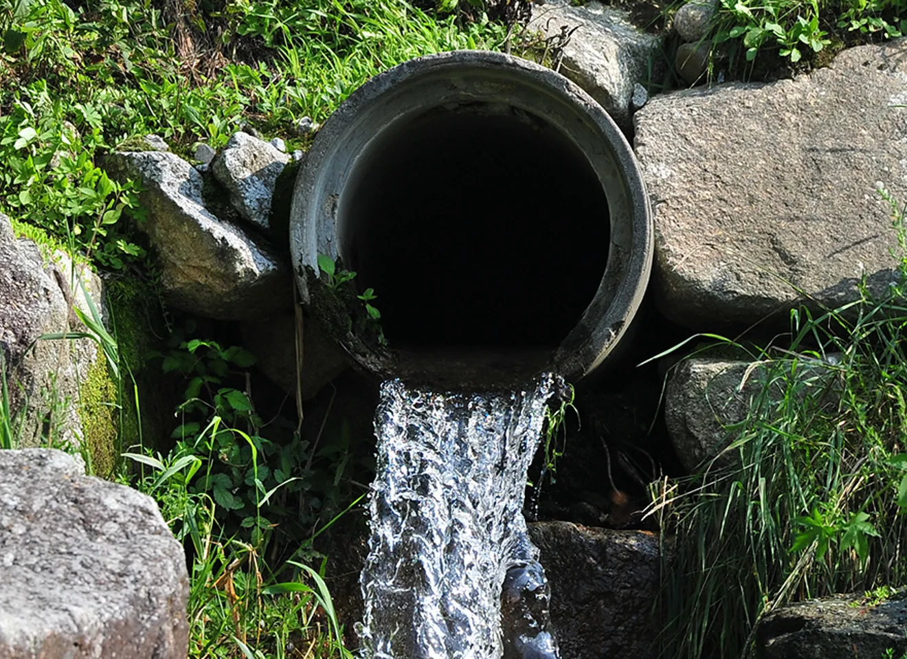 Vann som renner ut av et betongrør i  naturen