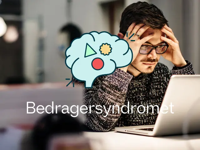 Ung mann sitter foran laptop og klør seg i hodet. Med mestringspodden-logo og tittel Bedragersyndrom