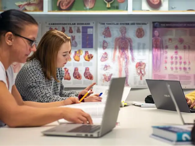 Flere personer sitter ved et bord og studerer med bøker og laptop