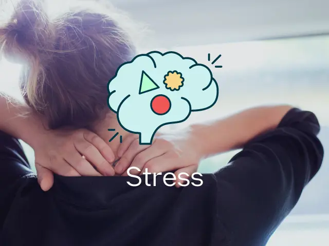 Kvinne med vond nakke. Mestringspodden-logo og tittel stress