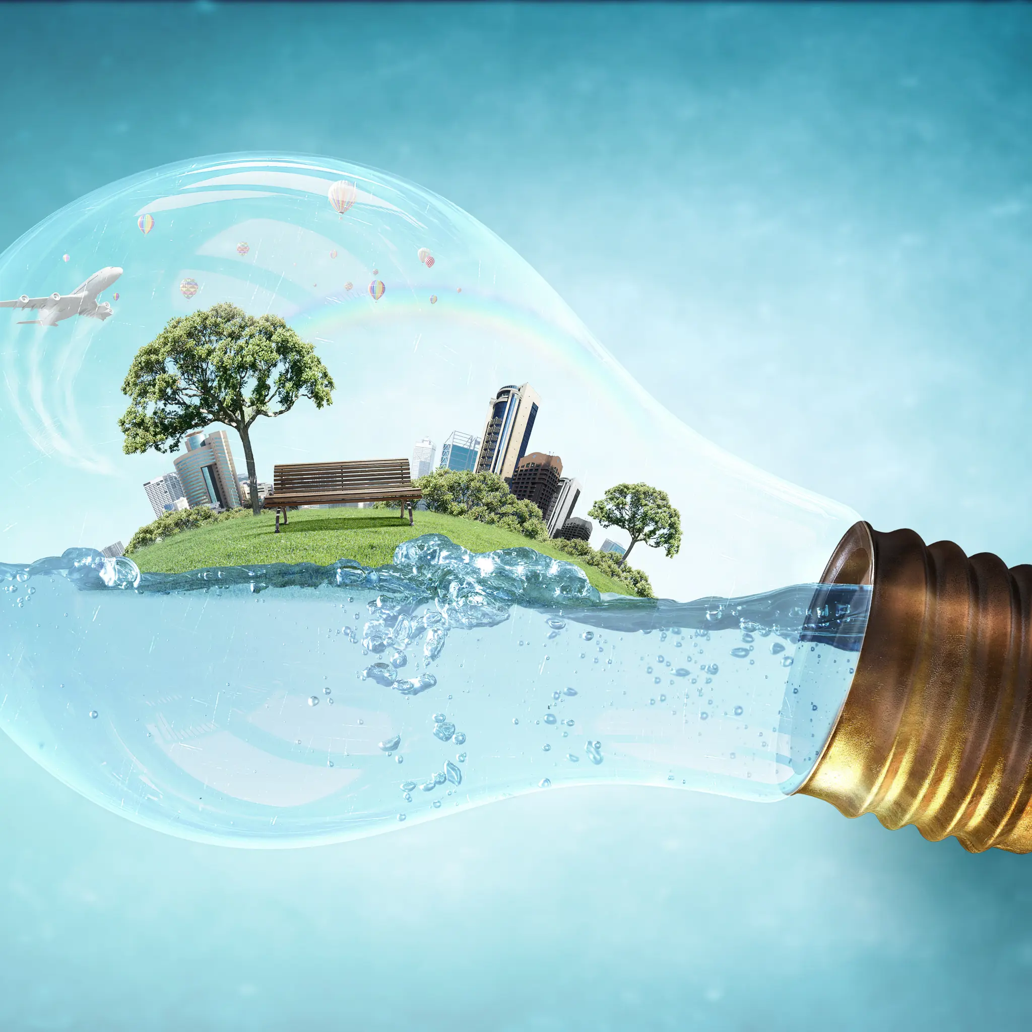 Illustrasjonsbilde av en lyspære fyllt med en by, et hav og mye natur