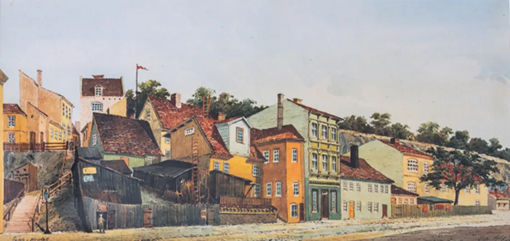 Akvarell tegnet av Peter Andreas Blix  av bymiljø i Oslo