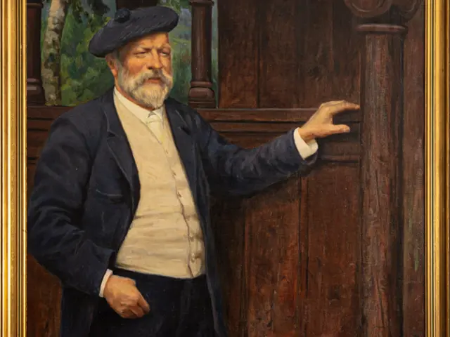 Malerei av Peter Andreas Blix foran en stavkirke