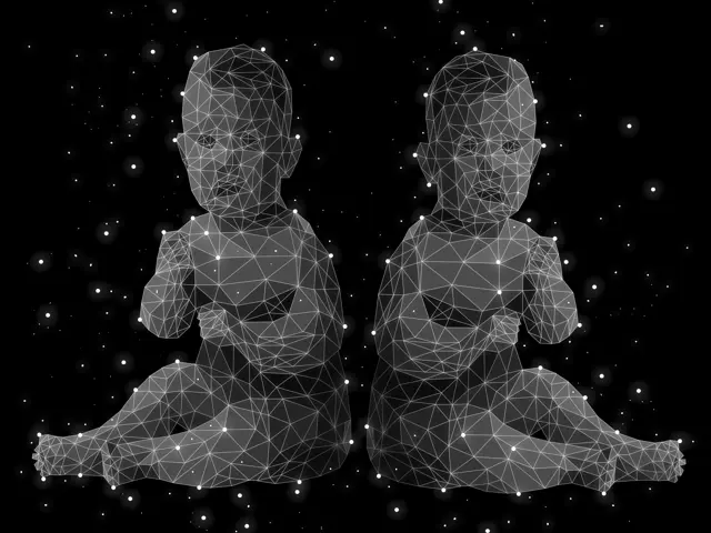 Illustrasjonsbilde av et stjernebilde av to symetrische baby i hvite linjer på sort stjernehimmel