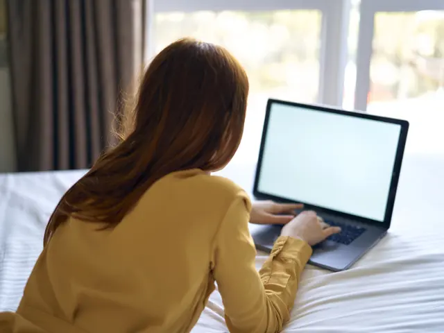 En student skriver på en bærbar datamaskin, skjermen er blank