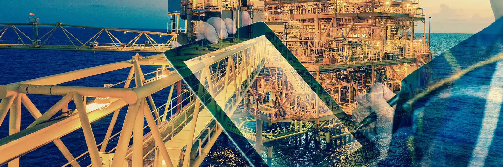 Illustrasjonsbilde av en nettbrett og en oljeplattform