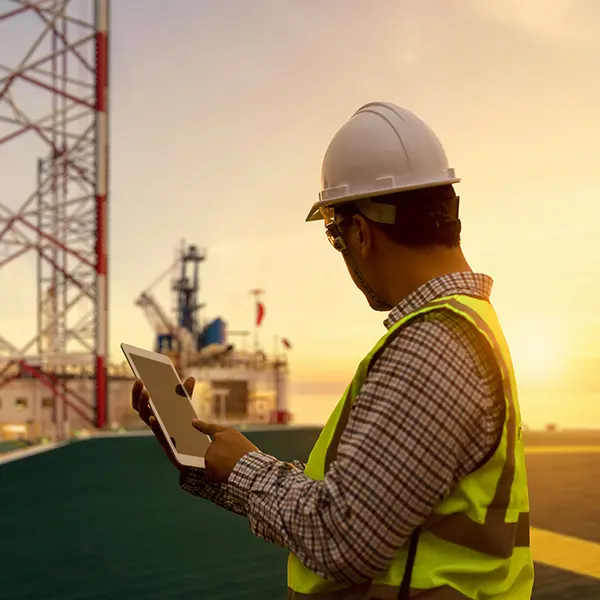 Mann som står på oljeplattform