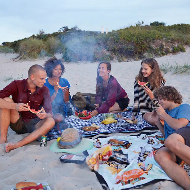 gruppe mennesker sitter på piknikkteppe på strand med grillmat