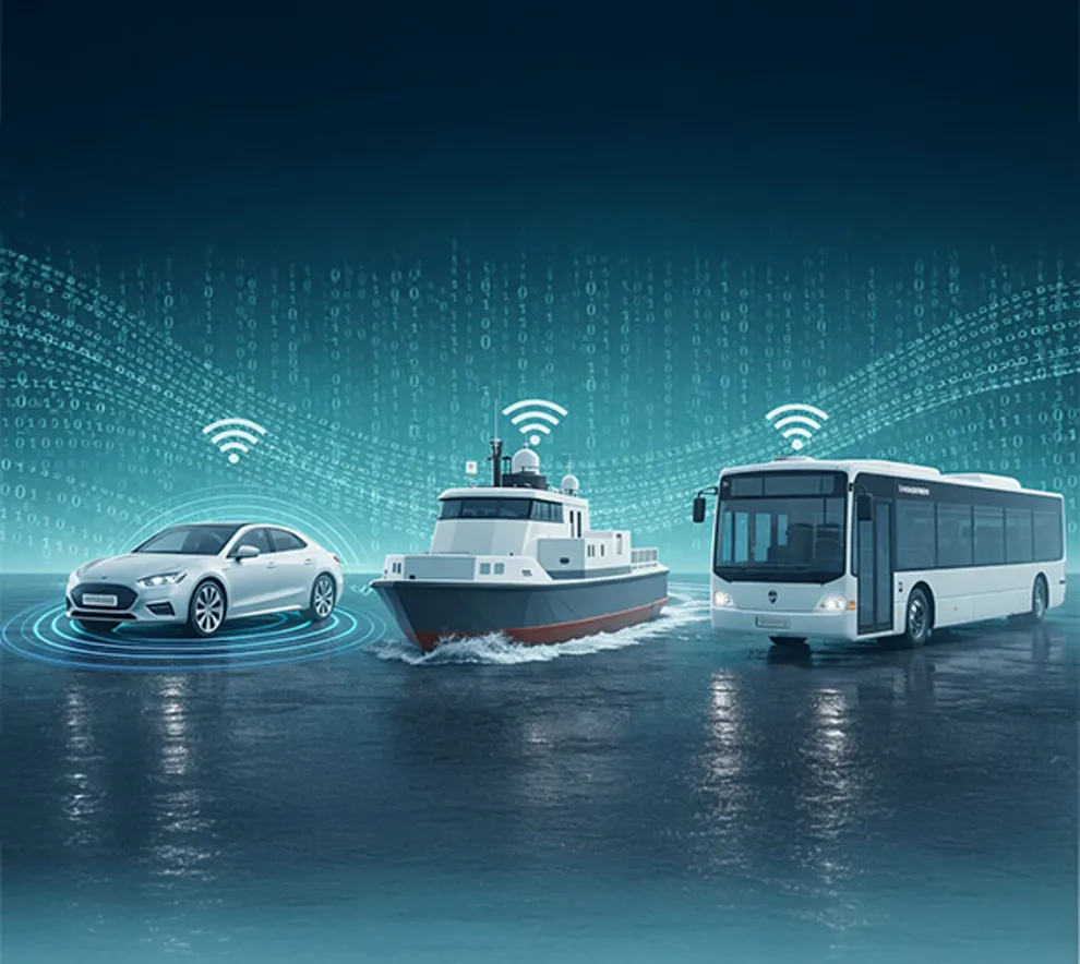 Illustrasjon av bil,bårt og buss