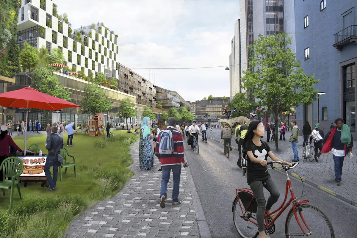 Illustrasjonsbilde av mange folk gående utenfor moderne leilighetsbygg med gressplen og tre