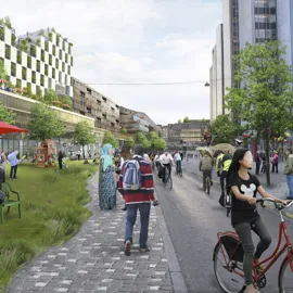 Illustrasjonsbilde av mange folk gående utenfor moderne leilighetsbygg med gressplen og tre