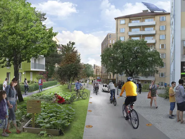 Illustrasjonsbilde av en gangvei mellom to leilighetsblokker med treer og grønsakshage istedenfor gressplen