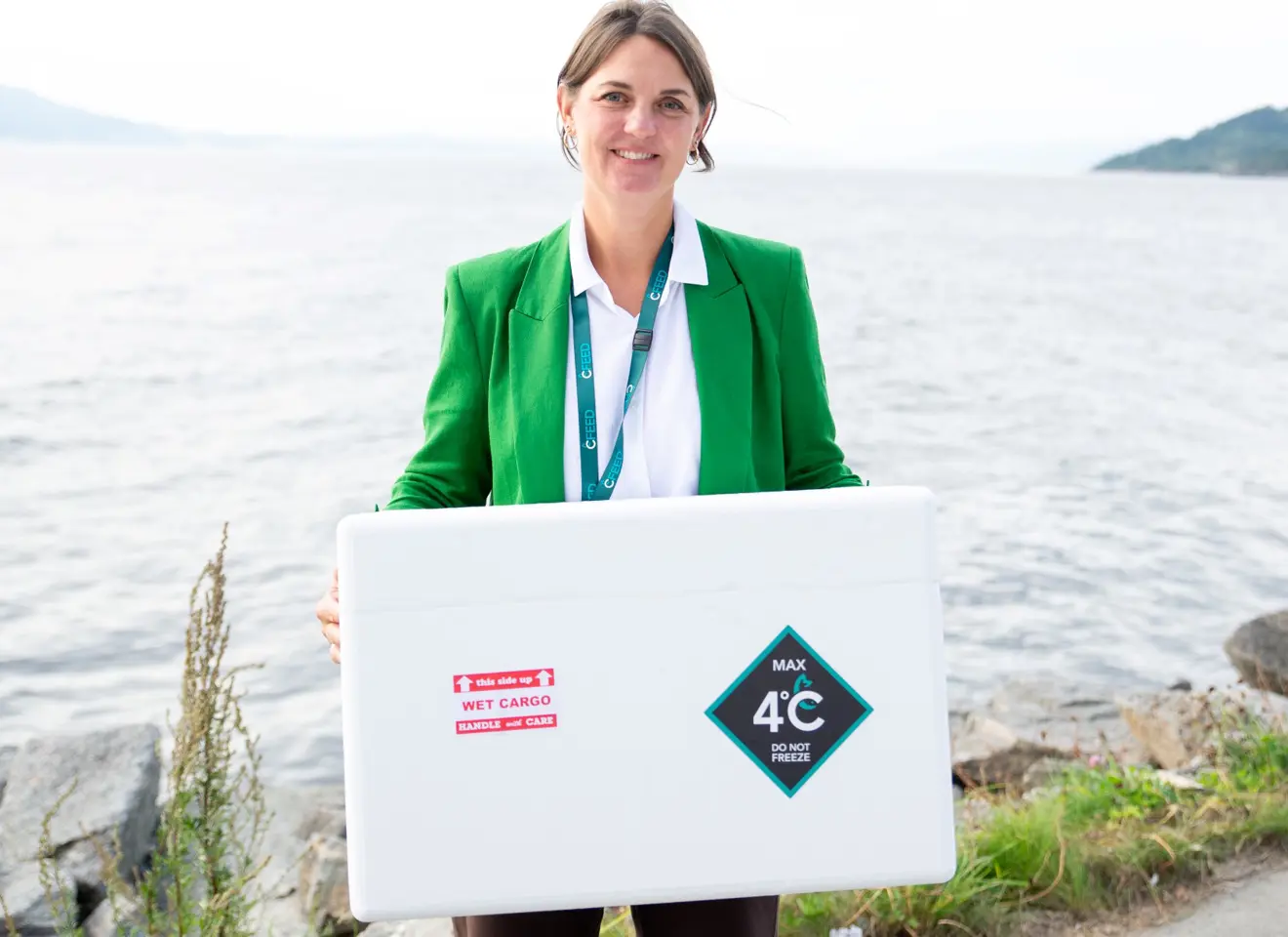 Kvinne med eske ved havet