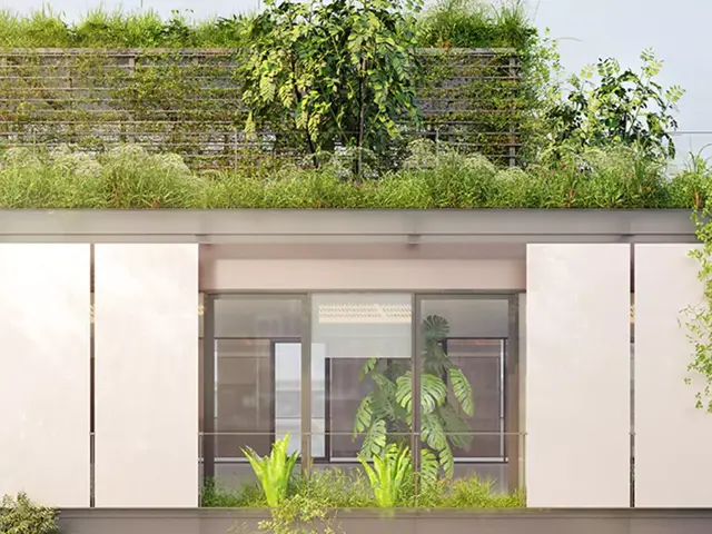 et grønt tak med små trær