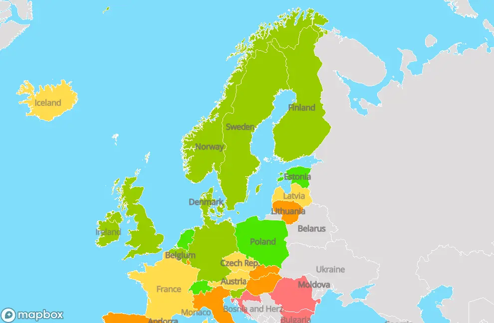 Bilde av et kart over Europa med forskjellige farger på landene ut ifra deres score