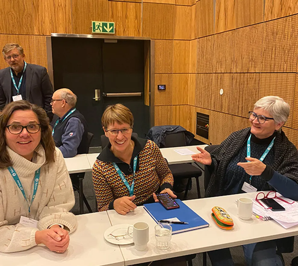 Tre kvinner som smiler