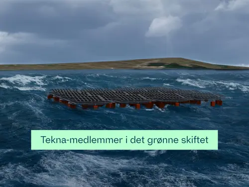 Flytende solceller med teksten: Tekna-medlemmer i det grønne skiftet