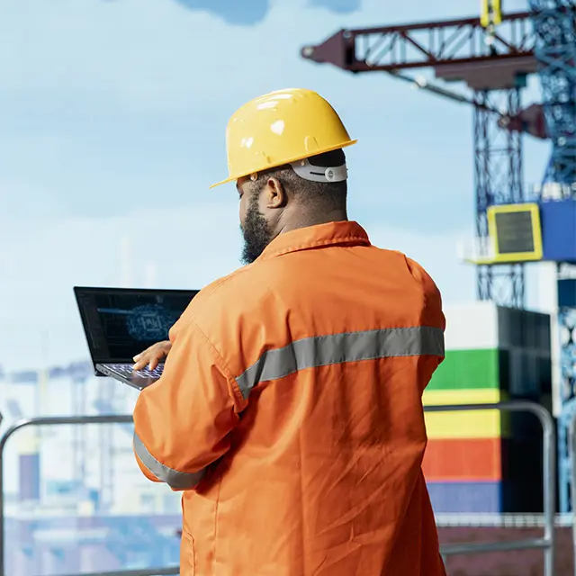 En mannlig offshore-arbeider som sjekker data på PC-en