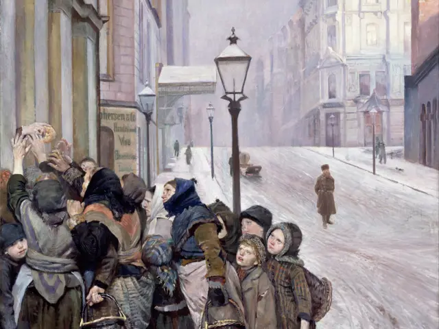 Malleri av et gatemiljø, hvor en flokk med barn strekker seg etter  en brødbit som blir gitt ut av et vindu