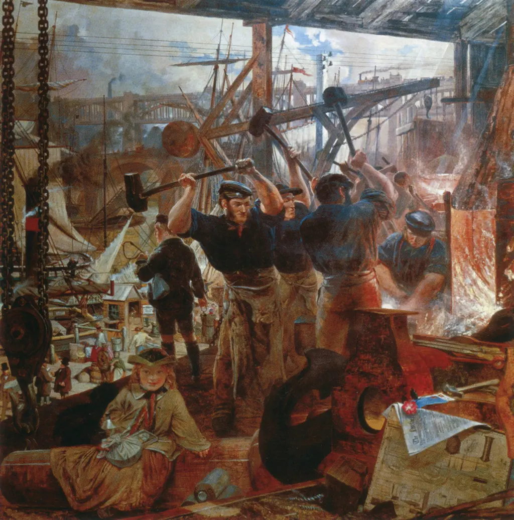 Maleri full av kjennetegn fra industrien, i bakgrunnen en stålbro, med et tog som kjører over. Røyk i luften. seil i horisonten. i forgrunnen en kran, og fire menn som hamrer foran en smelteovn. 