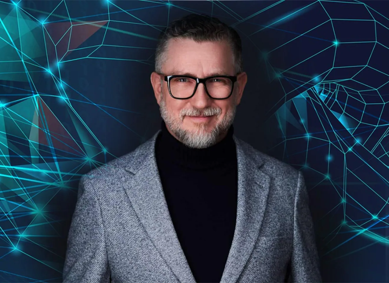 Blokkjede-illustrasjon og portrettbilde av Hans-Petter Nygård-Hansen.