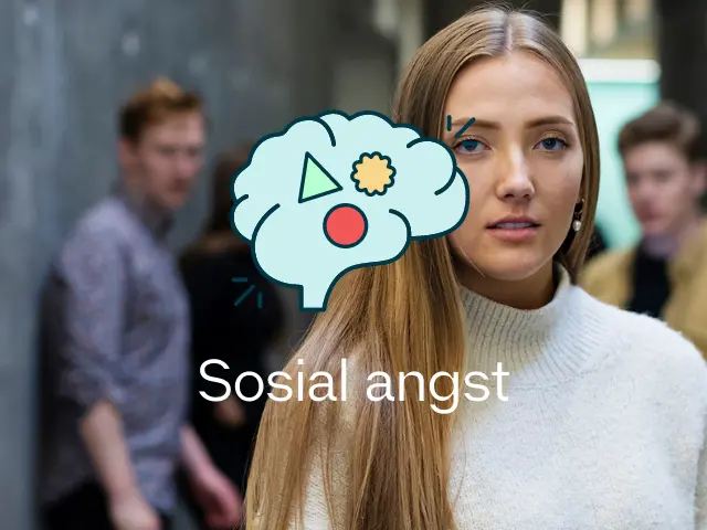 Ung kvinne ser mot kamera, med flere personer i bakgrunnen som ser på henne. Mestringspodden-logo og tittelen Sosial angst