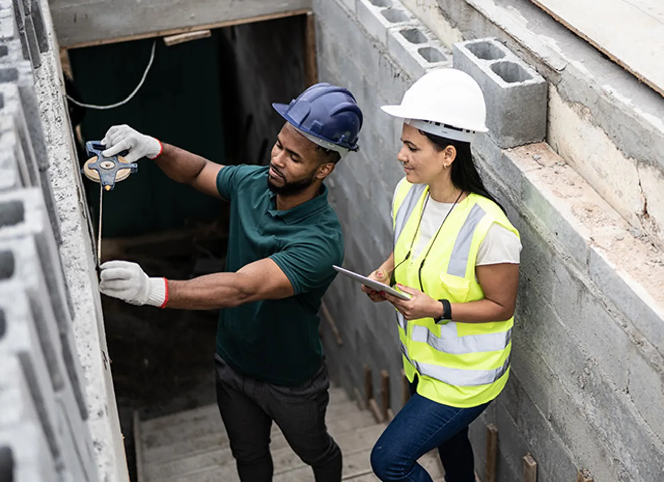 Mann og kvinne kontrollerer byggeplass